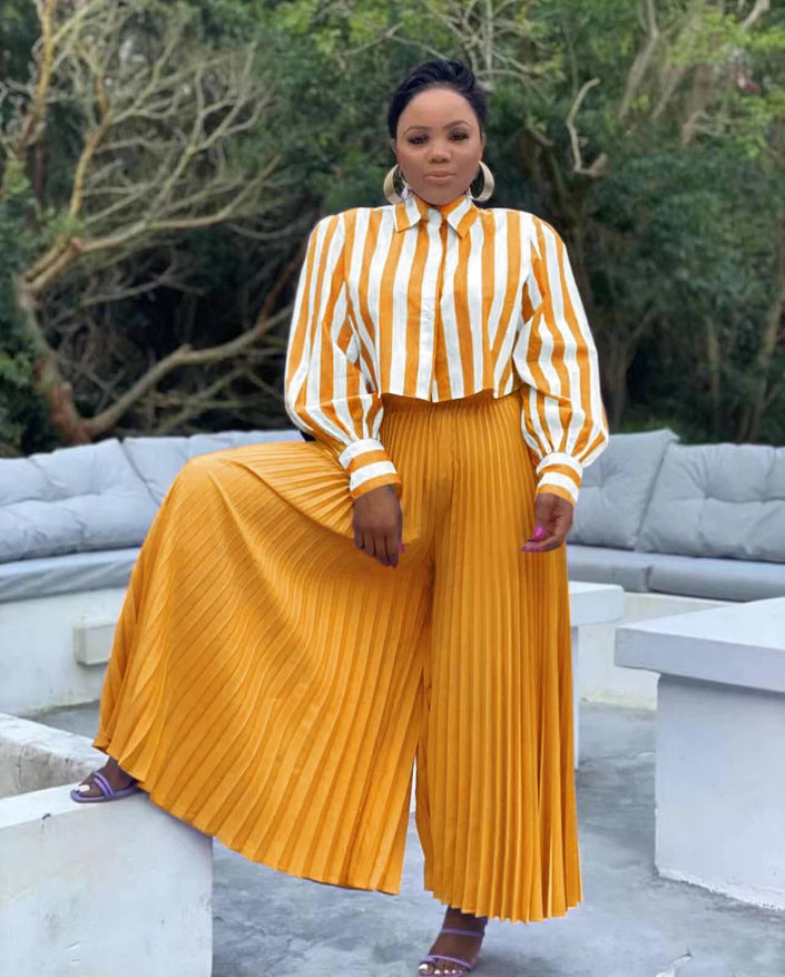 Striped blouse and pleated wide-leg trousers set, yellow with white stripes and mustard pleats