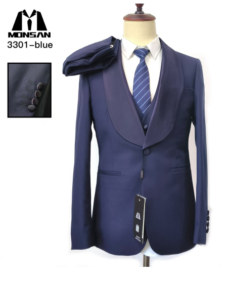 Navy slim fit three-piece suit with shawl lapel, front view