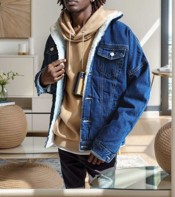 Jacket Men's Denim Sherpa Casual Double Pocket Chic
