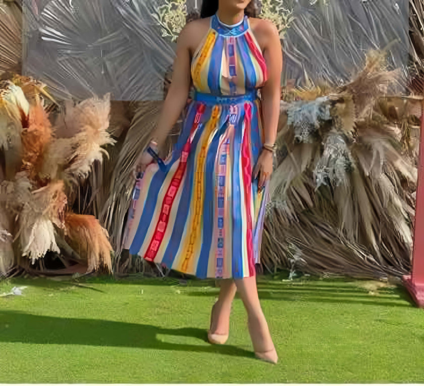 Sleeveless Halter Neck Knit Dress with Vertical Stripes and Cinched Waist