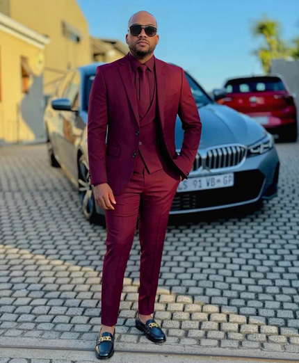 Burgundy slim-fit 3-piece formal suit: jacket, waistcoat, matching trousers