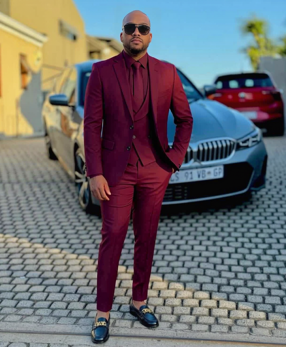 Burgundy Shawl Lapel Double-Breasted 3-Piece Suit for Men