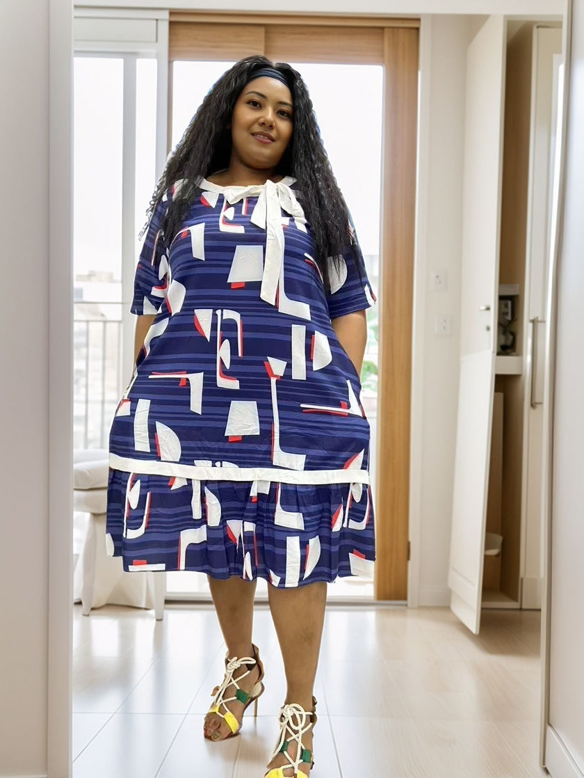Blue Abstract Print Collared Dress with Stylish Minimalist Design