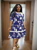 Blue Abstract Print Collared Dress with Stylish Minimalist Design