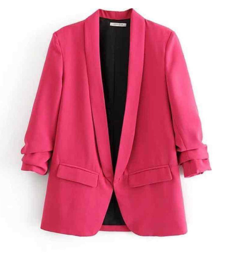 Single-Breasted Notched Lapel Blazer with Patch Pockets and Rolled-Up Sleeves