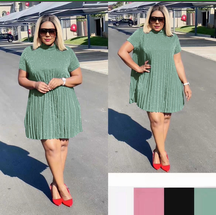 Dark-sea-green sequin-look pleated knee-length evening dress, short sleeves, high neck
