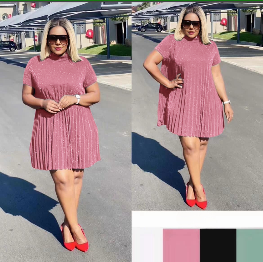 Short-Sleeved Knee-Length Pleated Dress