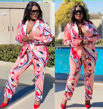 Abstract geometric print jacket and pants set in pink, blue, and red