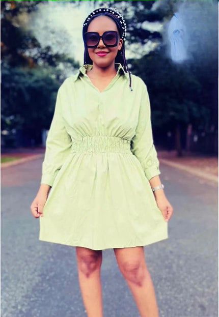 Light yellow shirt dress with elastic waist, 3/4 sleeves, V-neck, button placket