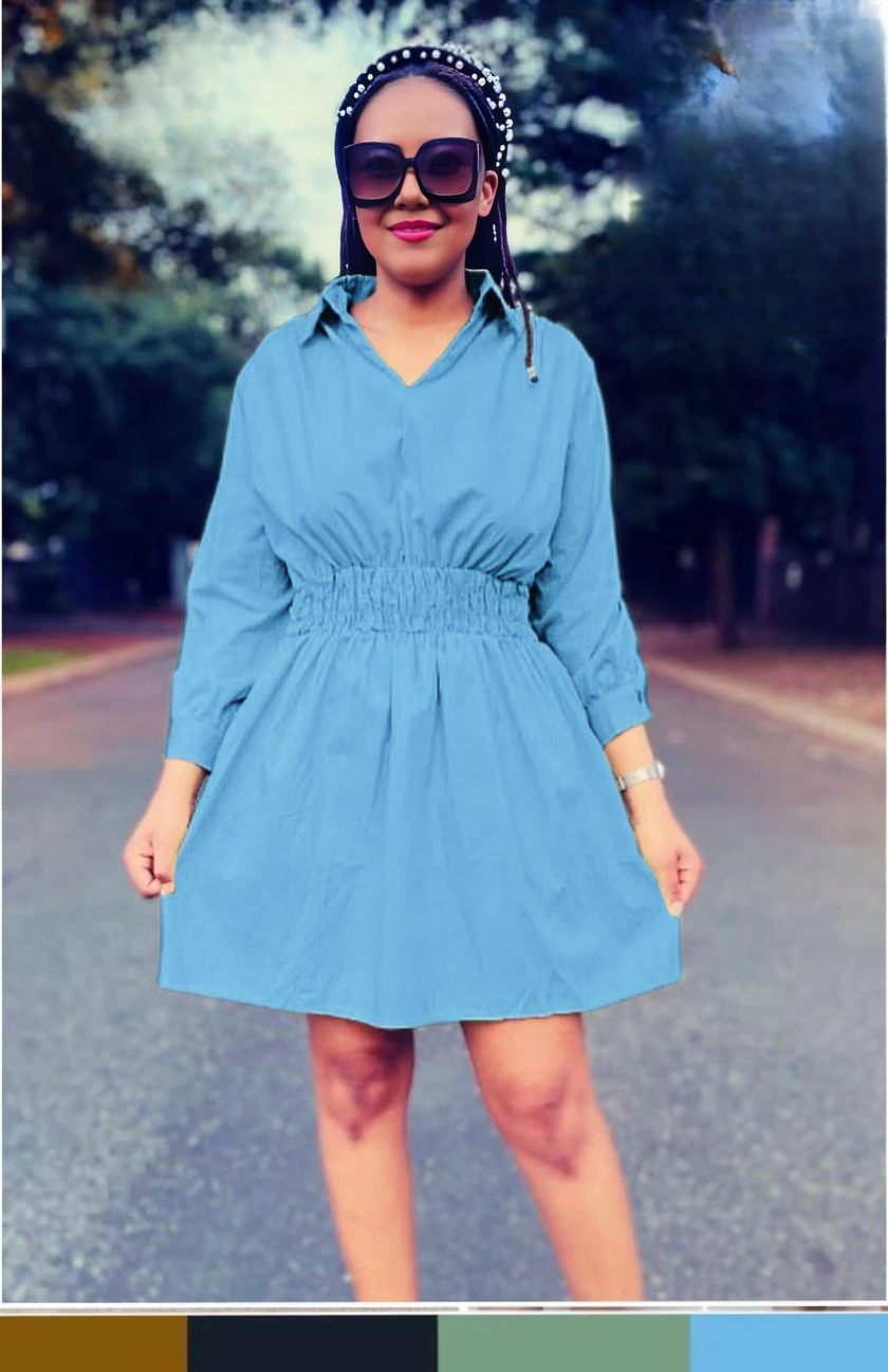 Casual Style Long-Sleeve Shirt Dress with Elastic Waist and Knee-Length Hem