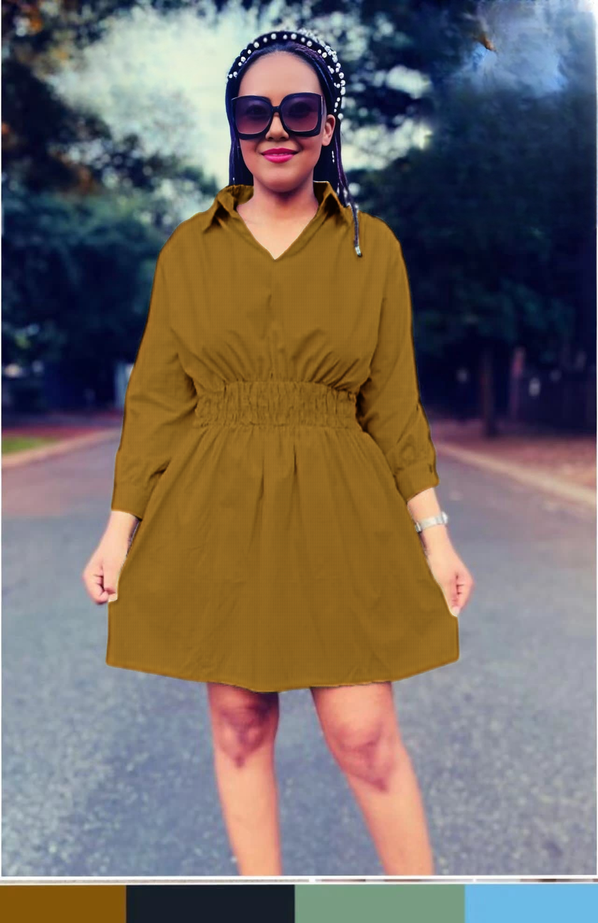 Casual Style Long-Sleeve Shirt Dress with Elastic Waist and Knee-Length Hem