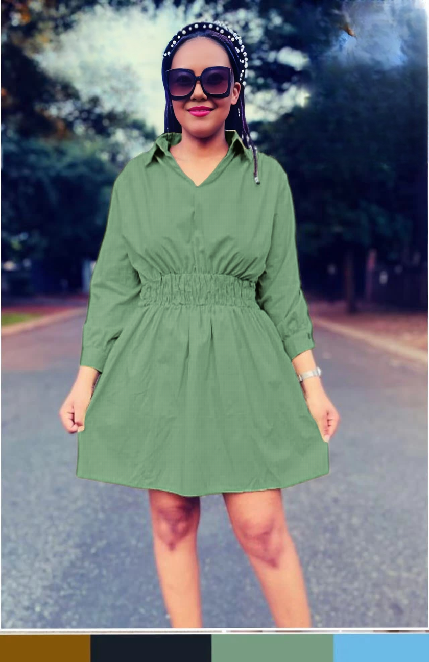 Casual Style Long-Sleeve Shirt Dress with Elastic Waist and Knee-Length Hem