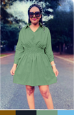 Green shirt dress with elastic waist, 3/4 sleeves, V-neck, button placket