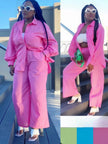 Pink loose shirt and straight pant twin set with button front and tie waist