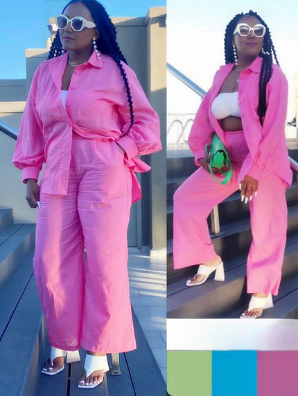 Pink loose shirt and straight pant twin set with button front and tie waist