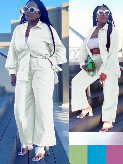 White loose shirt and straight pant twin set with button front and tie waist