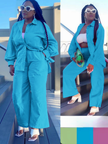 Light-sky-blue loose shirt and straight pant twin set with button front and tie waist