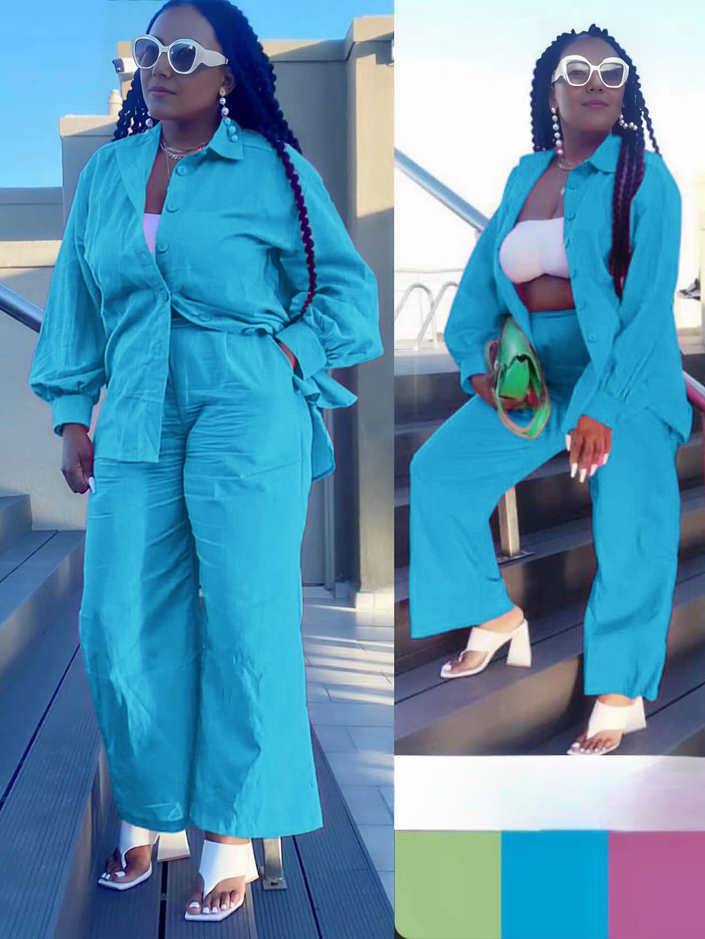 Light-sky-blue loose shirt and straight pant twin set with button front and tie waist