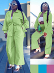 Light-green loose shirt and straight pant twin set with button front and tie waist