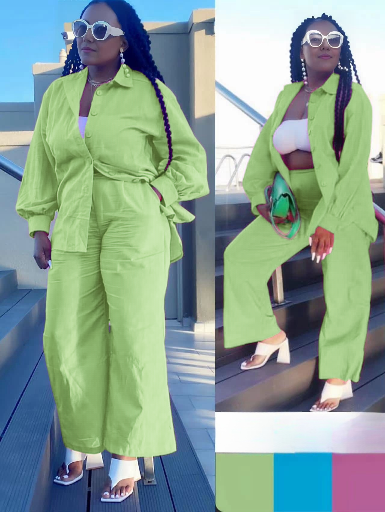 Light-green loose shirt and straight pant twin set with button front and tie waist