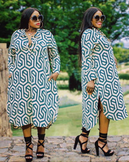 Geometric shirt dress with long sleeves and V-neck button front, knee-length