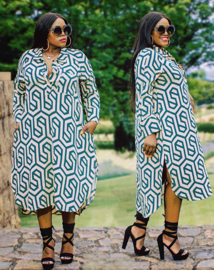 Geometric shirt dress with long sleeves and V-neck button front, knee-length