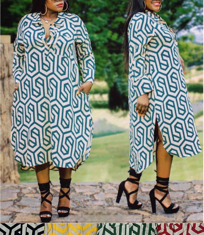 Geometric shirt dress with long sleeves, V-neck button front, side slit