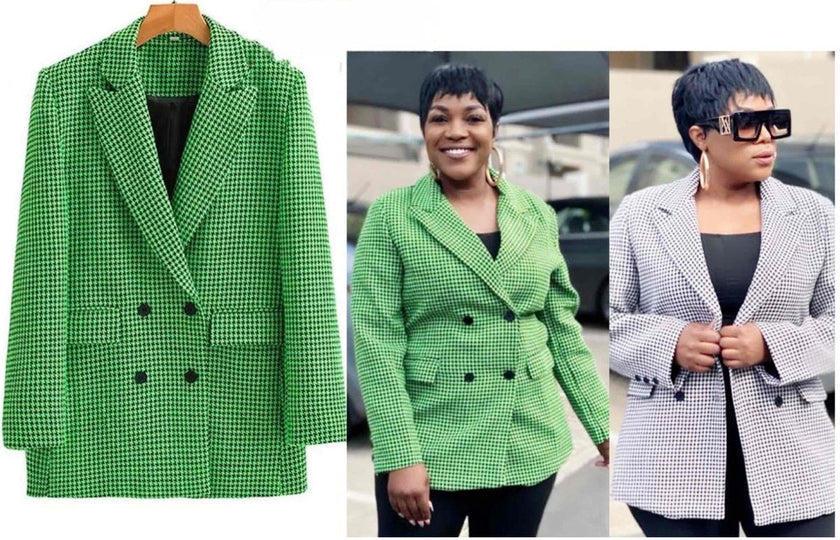 Double-Breasted Houndstooth Blazer with Notched Lapel and Flap Pockets