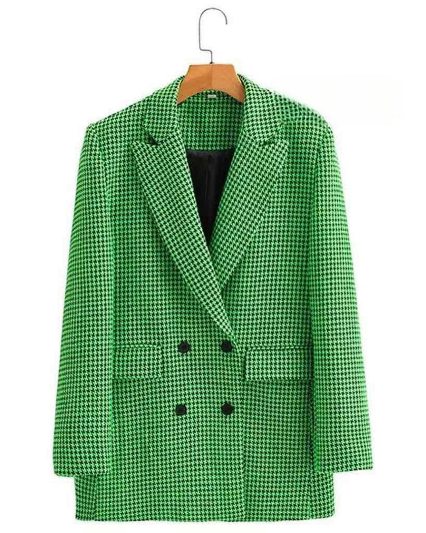 Double-Breasted Houndstooth Blazer with Notched Lapel and Flap Pockets