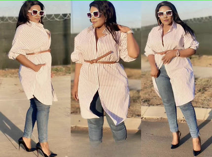 Asymmetrical striped shirt with short sleeves, collared neckline, tied waist belt