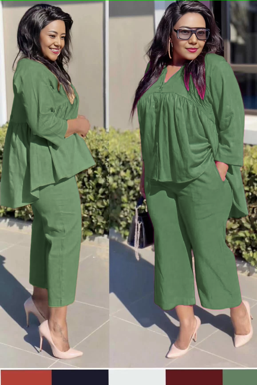 Women’s Gathered Blouse and Straight-Leg Cropped Trousers Set