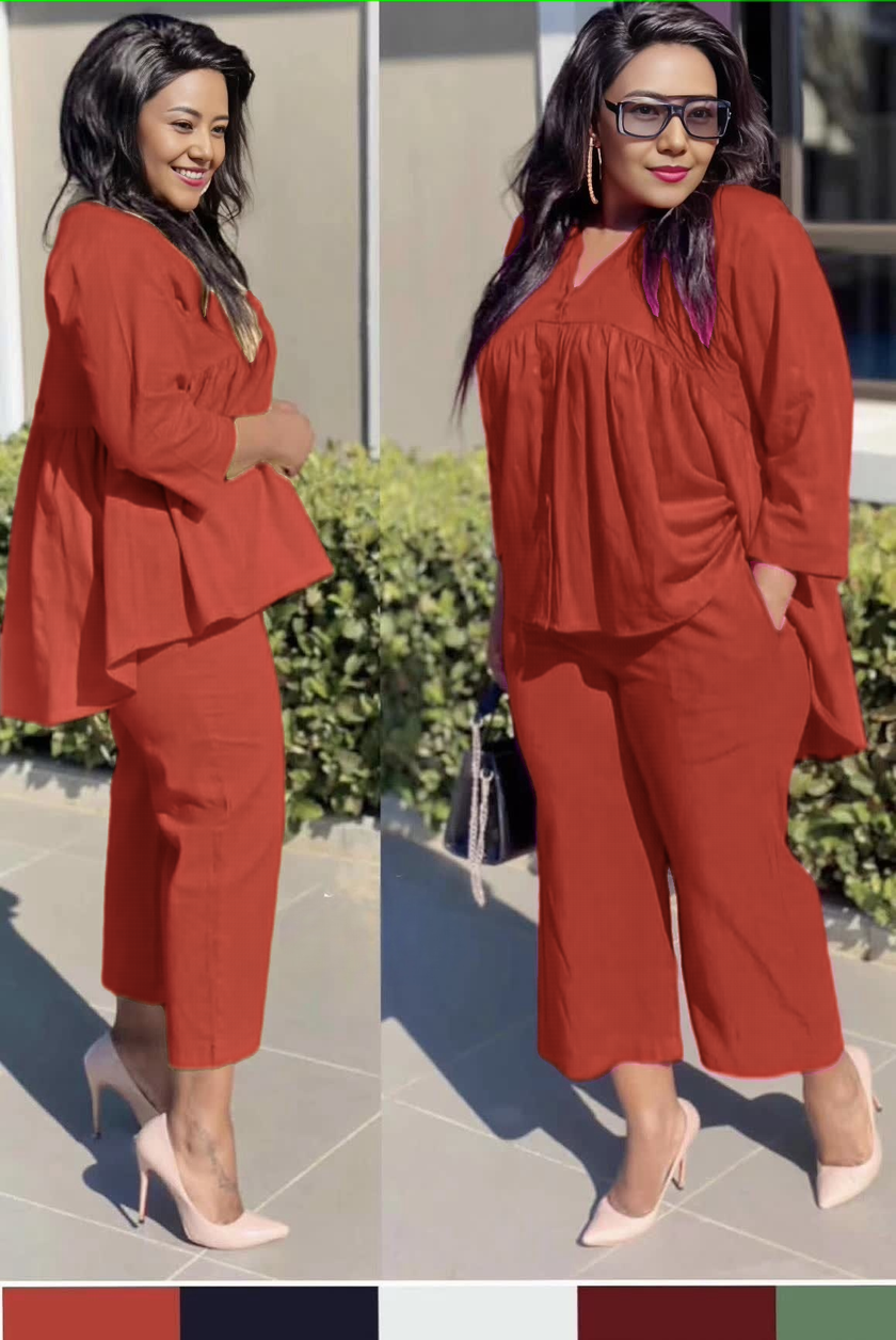 Women’s Gathered Blouse and Straight-Leg Cropped Trousers Set