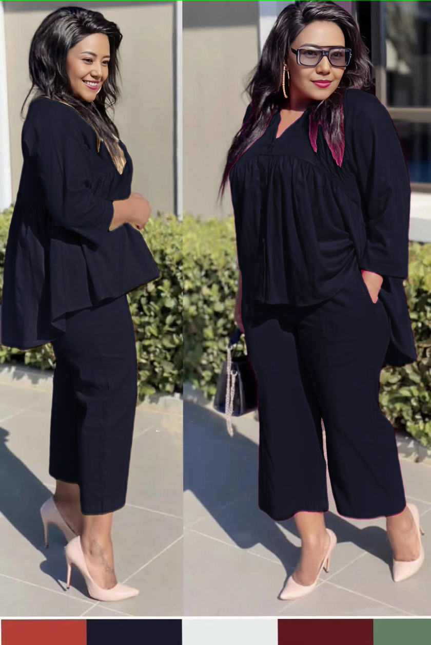 Women’s Gathered Blouse and Straight-Leg Cropped Trousers Set