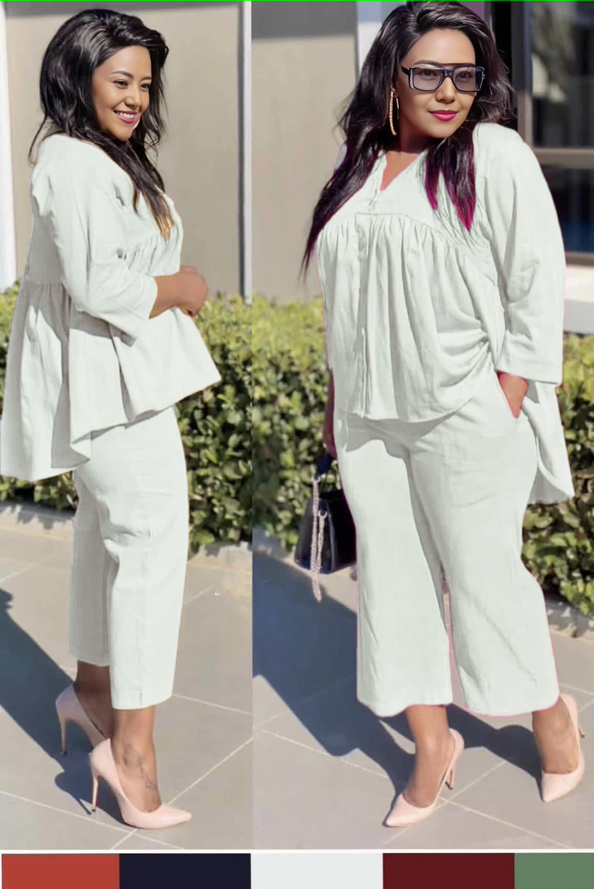 Women’s Gathered Blouse and Straight-Leg Cropped Trousers Set