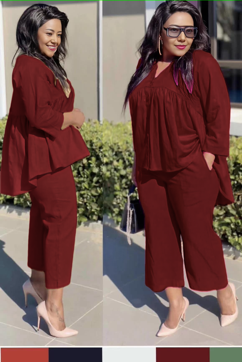 Women’s Gathered Blouse and Straight-Leg Cropped Trousers Set