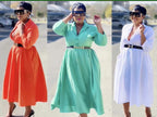Midi shirt dress with long sleeves and waist belt; shown in orange-red, turquoise, and white