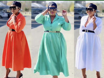 Midi shirt dress with long sleeves and waist belt; shown in orange-red, turquoise, and white
