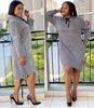 Long Sleeve Houndstooth Dress with Knee-Length Hem and Tie-Neck Detail