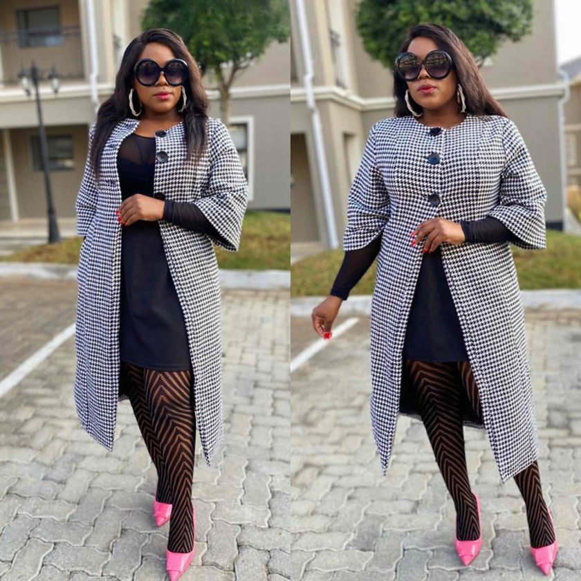 Round Neck Single-Breasted Houndstooth Mid-Length Coat