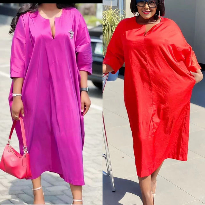 Loose-fit V-neck maxi dress, deep-pink and red