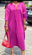 Deep-Pink Maxikleid mit lockerer Passform, V-Ausschnitt und 3/4-Ärmeln