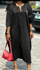 Schwarzes Plus-Size Maxikleid mit lockerem V-Ausschnitt und 3/4-Ärmeln
