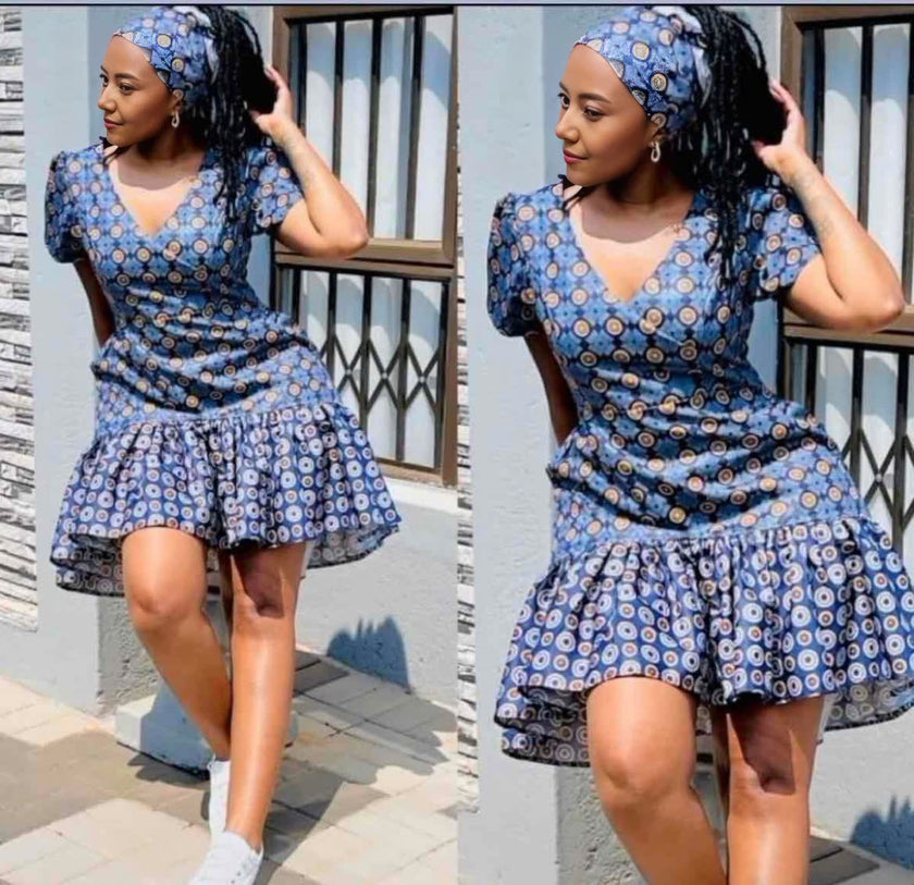 Circular Patterned Short-Sleeve Flared Dress