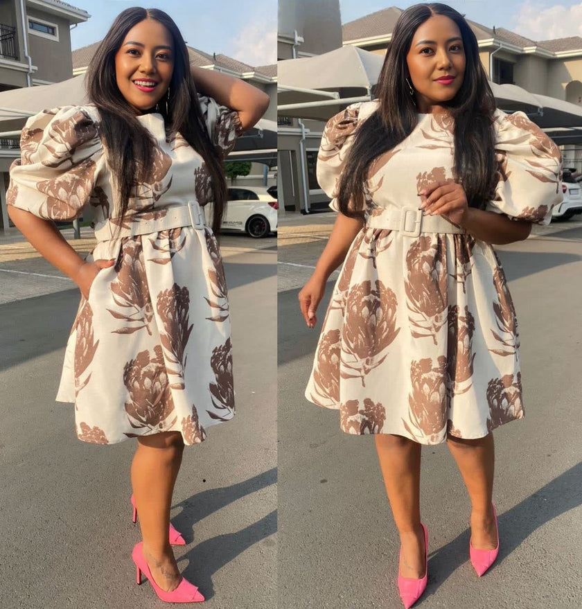 Knee-Length Puff Sleeve Cinched Waist Floral Print Dress