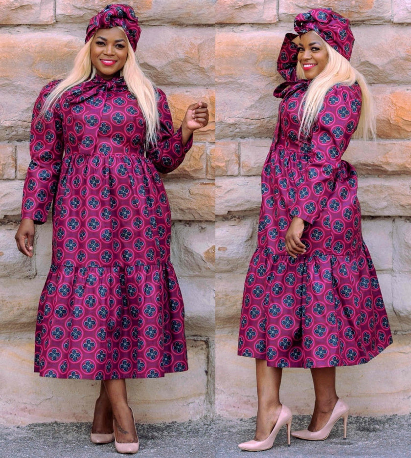 Geometric Floral Print Long Sleeve Flared Midi Dress