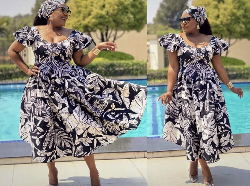 Floral Motif Knee-Length Dress with Ruffled Sleeves and Fitted Bodice