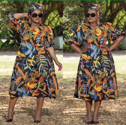 Multicolor botanical print midi dress with puff sleeves and gathered waist