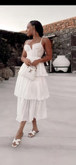 Sleeveless Tiered Midi Dress with V-Neckline and Ruffle Detailing