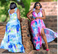 Floral maxi dress with ruffle straps, V-neck, high-low hem, blue and pink watercolor print