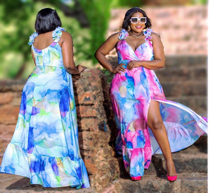Floral maxi dress with ruffle straps, V-neck, high-low hem, blue and pink watercolor print